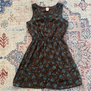 Blue Brown Floral Dress with Ruffles